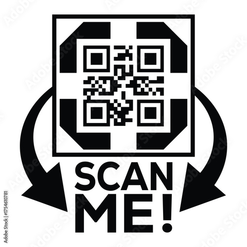 A bold, black and white vector graphic featuring a QR code centered in a square with targeting marks. Large arrows point to the text "SCAN ME!", creating a compelling call-to-action for immediate digi