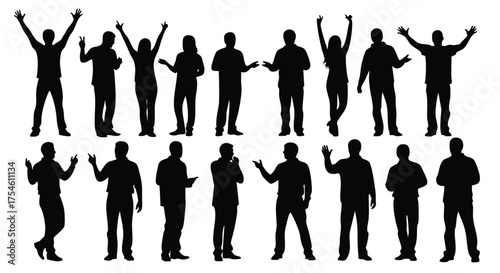 Diverse collection of dynamic human silhouettes representing a vibrant group of men and women in various active and standing poses, perfect for modern design elements and conceptual projects