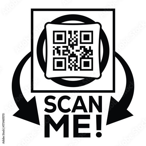 A bold, black and white vector graphic featuring a QR code centered in a square with targeting marks. Large arrows point to the text "SCAN ME!", creating a compelling call-to-action for immediate digi