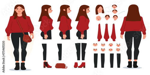 Female character design with multiple facial expressions and outfits