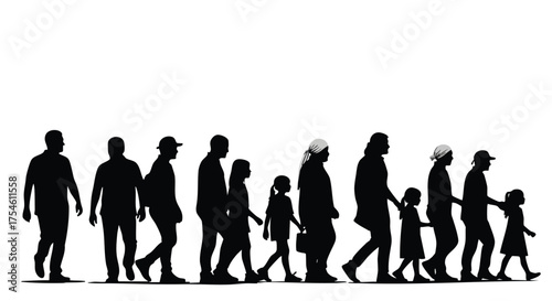 Silhouetted group of people walking together in a line against a white background