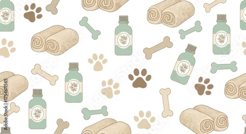 Seamless pattern with dog grooming and spa elements. Pet care illustration with towels, bones, and natural product bottles. Cute animal background for veterinary or pet shop design