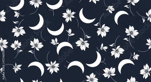 Seamless pattern with white crescent moons and flowers. Celestial botanical illustration on a dark blue background. Magical night sky design