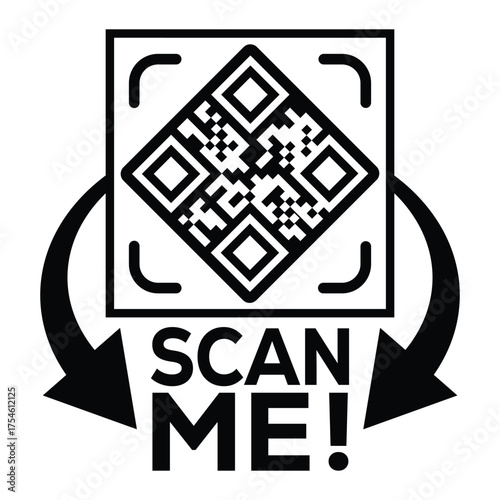 A bold, black and white vector graphic featuring a QR code centered in a square with targeting marks. Large arrows point to the text "SCAN ME!", creating a compelling call-to-action for immediate digi