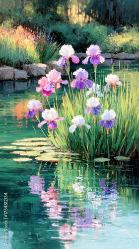 Impressionist Oil Painting of Purple and White Irises Reflected in a Serene Garden Pond