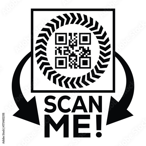 A bold, black and white vector graphic featuring a QR code centered in a square with targeting marks. Large arrows point to the text "SCAN ME!", creating a compelling call-to-action for immediate digi