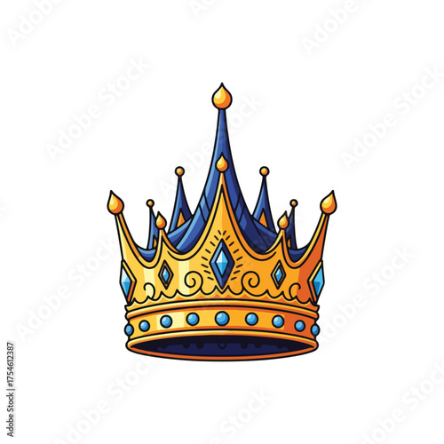 A stylized drawing of a golden crown with blue accents and jewels, isolated on a white background.