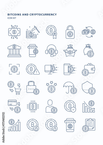 Cryptocurrency and Bitcoins outline  icon set, Its including icons like mining, report chart, technology