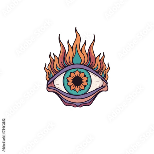 A stylized illustration of an eye with flames erupting from it, featuring a floral iris.