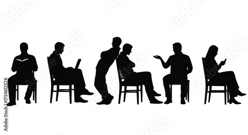 Silhouettes of Individuals in Various Poses on Chairs, Depicting Activities and Interactions