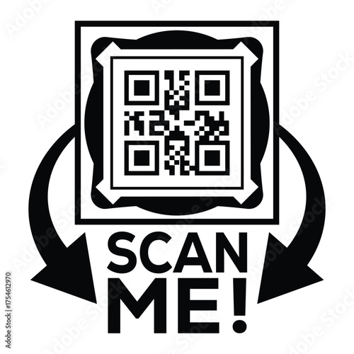 A bold, black and white vector graphic featuring a QR code centered in a square with targeting marks. Large arrows point to the text "SCAN ME!", creating a compelling call-to-action for immediate digi