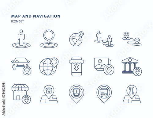 Map and Navigation outline  icon set, Its including icons like place, gps and distance