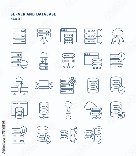 Server and database outline  icon set, Its including icons like cloud data, storage, Server