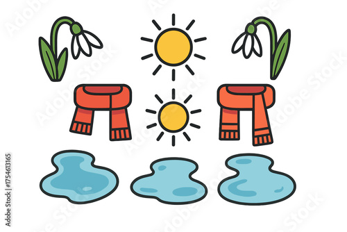Simple seasonal icons showing snowdrop flowers, warm suns, winter scarves, and spring puddles