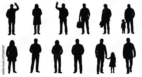 A diverse collection of black silhouettes showing anonymous people, including men, women, and children, standing in various poses
