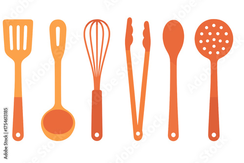 Set of essential kitchen cooking tools including spatula whisk ladle and tongs