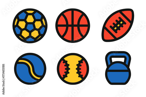 Colorful sports equipment set featuring soccer basketball football baseball and fitness weight