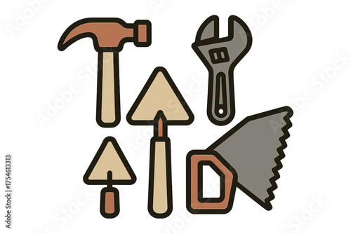 Construction and repair tools set including hammer, adjustable wrench, hand saw, and trowels