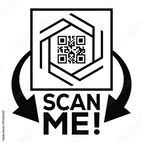 A bold, black and white vector graphic featuring a QR code centered in a square with targeting marks. Large arrows point to the text "SCAN ME!", creating a compelling call-to-action for immediate digi