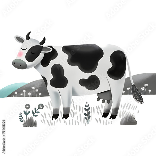 A black-and-white spotted cow standing in a field, looking calm and serene