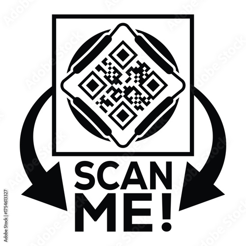 A bold, black and white vector graphic featuring a QR code centered in a square with targeting marks. Large arrows point to the text "SCAN ME!", creating a compelling call-to-action for immediate digi
