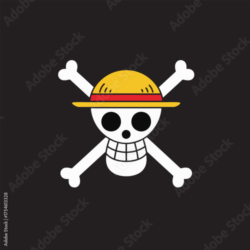 A stylized pirate flag featuring a skull wearing a straw hat with crossed bones.