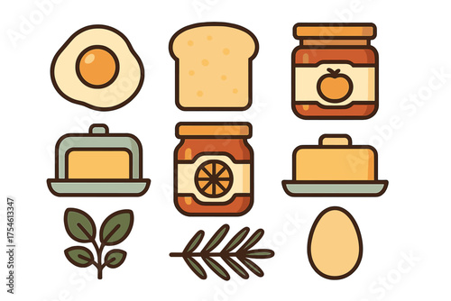 Set of outlined breakfast food icons including eggs, toast, butter, and jam jars
