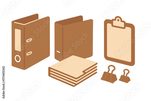 Brown isometric office supplies set featuring ring binders, folders, clipboard, and paper clips