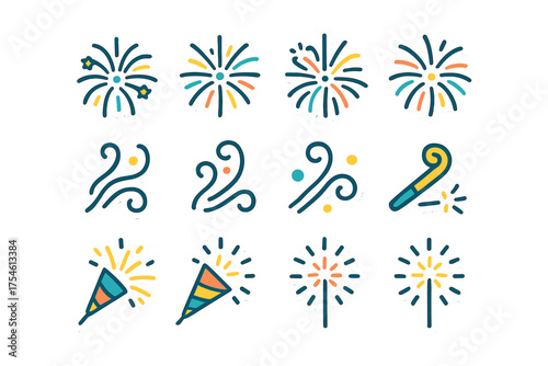 Twelve colorful stickers featuring festive celebration symbols and exploding fireworks