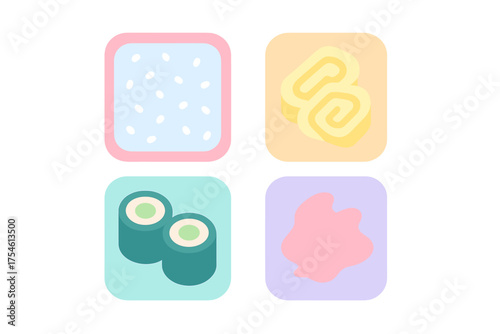 Minimalist set of Japanese cuisine elements including sushi rolls, rice, omelet, and pickled ginger