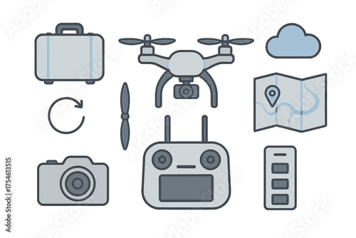 Set of essential equipment icons for drone photography and aerial filming