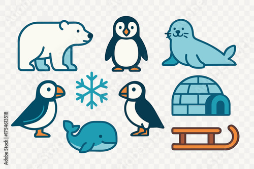 Cute Arctic animals set featuring polar bear penguin seal whale and winter elements