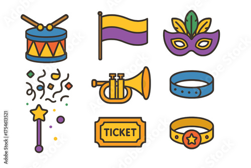 Festive celebration icons including drum, trumpet, mask, flag, ticket, and wristbands