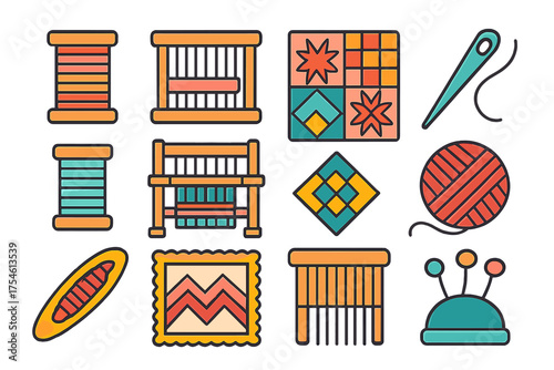 Set of colorful icons representing textile craft tools and weaving equipment