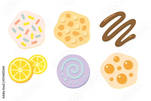 Colorful assortment of sweet dessert toppings and baking ingredients including sprinkles, chocolate, and lemon slices