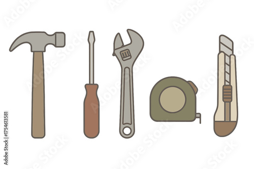 Essential home repair and construction tools set including hammer wrench and measuring tape