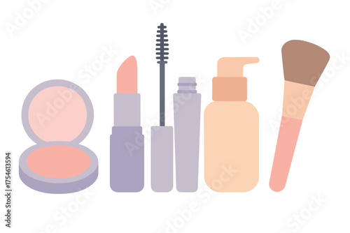 Essential cosmetic products collection including lipstick mascara foundation and face powder