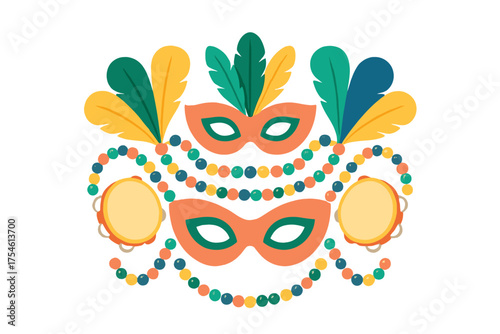 Colorful Mardi Gras celebration arrangement featuring traditional masks, decorative beads, feathers, and musical instruments
