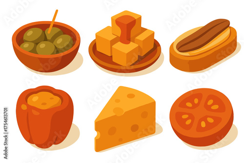 Isometric appetizer and snack food items including olives cheese and hot dog