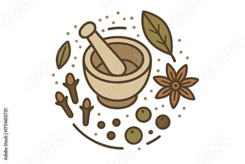 Herbal medicine preparation tools and cooking ingredients including mortar, pestle, star anise, cloves, and bay leaf