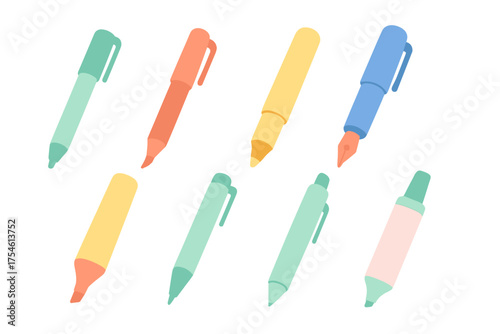 Colorful writing instruments set including markers highlighters and various pens isolated