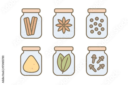 Collection of six glass jars filled with aromatic cooking spices and herbs