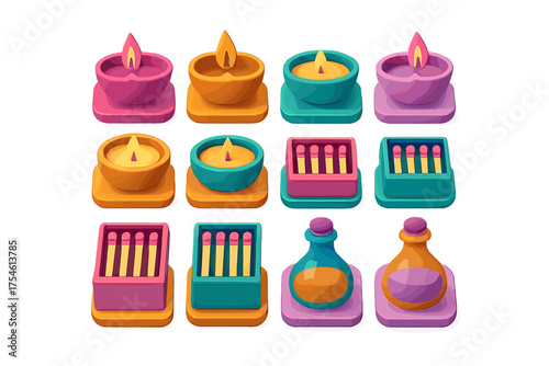 Stylized 3D icons of oil lamps, matchboxes, and magic potion bottles collection