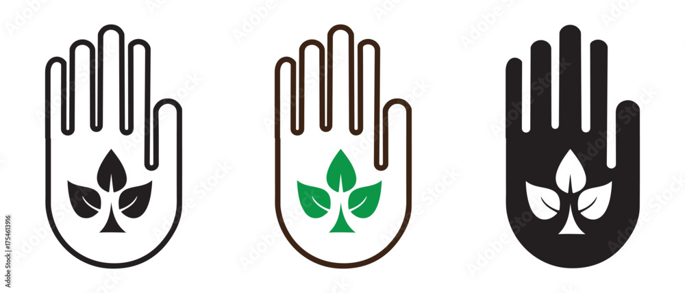 Fototapeta premium Hand holding plant leaf icons. isolated on white background, nature care concept.