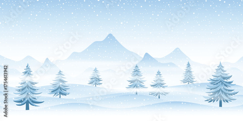 Winter landscape, mountains with forest in the fog, snowdrifts and snowfall, vector illustration