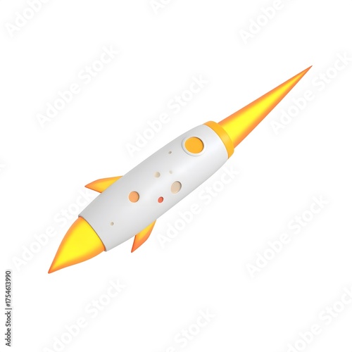 3D Cartoon Rocket with Flames Isolated on White Background