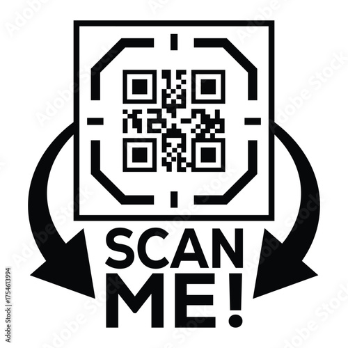 A bold, black and white vector graphic featuring a QR code centered in a square with targeting marks. Large arrows point to the text "SCAN ME!", creating a compelling call-to-action for immediate digi