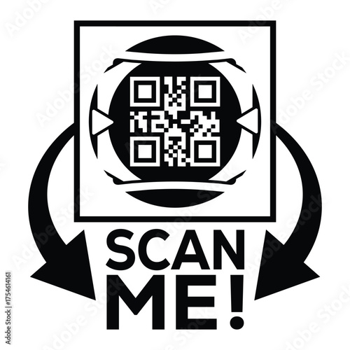 A bold, black and white vector graphic featuring a QR code centered in a square with targeting marks. Large arrows point to the text "SCAN ME!", creating a compelling call-to-action for immediate digi