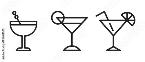 Cocktail glass icons. isolated on white background for bar menu design.