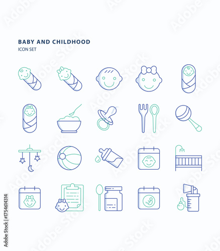 Baby and childhood outline color icon set, Its including icons like Milk bottle, breast pump and Report